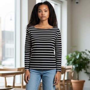 J.Crew Women's Striped Long Sleeve Boat Neck Top Black Size S